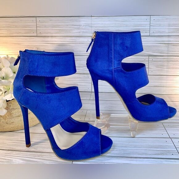 Shoedazzle Blue Velour Thjck Strap Stiletto Heels S:6.5 - Picture 2 of 11